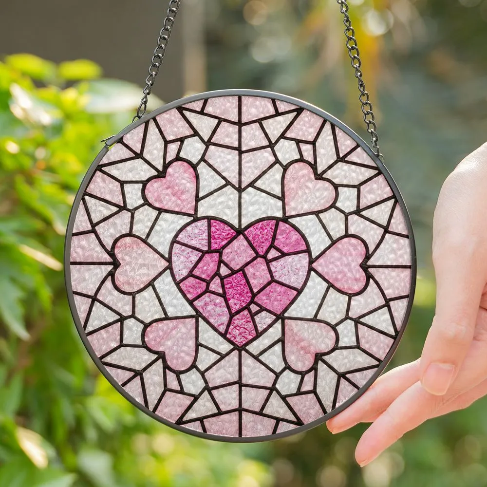 Large Rose Pink Textured Heart Stained Glass Mosaic & Six Smaller Hearts Art Stained Glass Suncatcher - 1