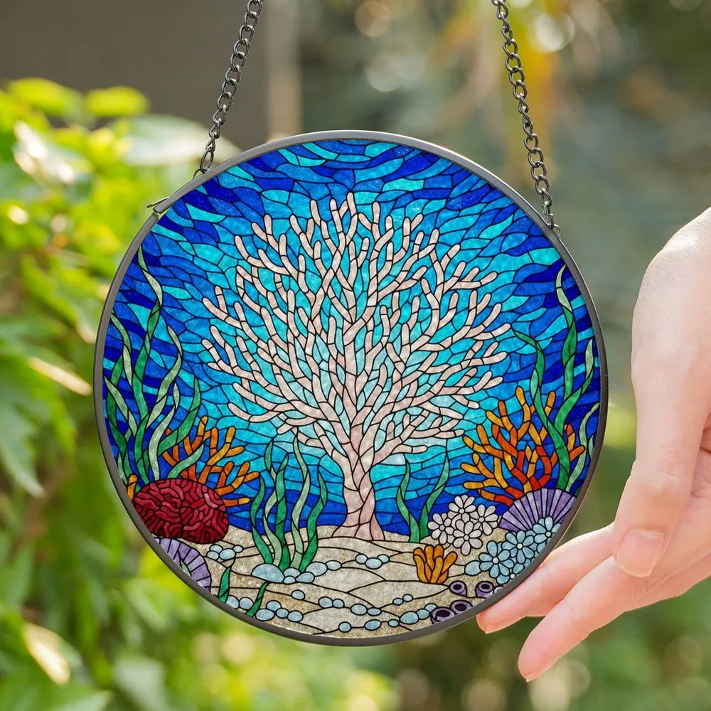 Stained Glass Coral Reef Ocean Sea Life Tiffany Style - Deep Blue Turquoise Water Art Stained Glass Suncatcher - 1