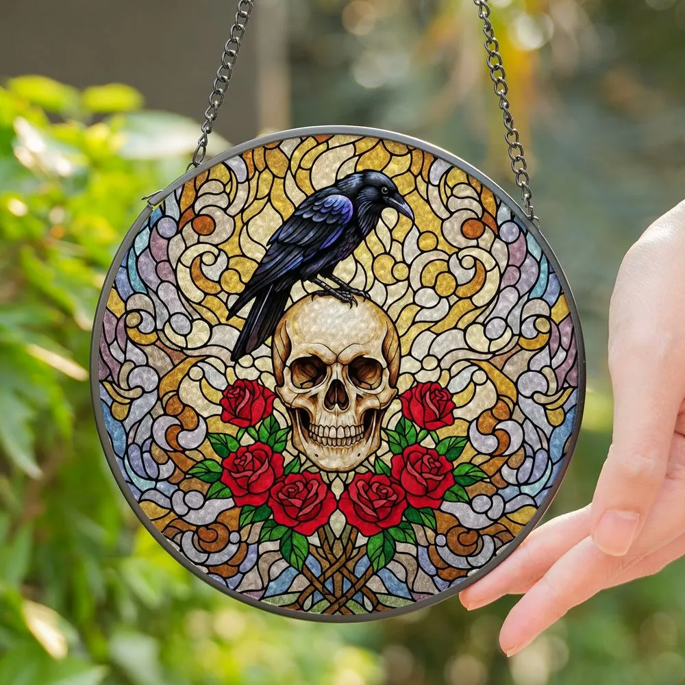 Detailed Tiffany Glass Skull Raven Red Roses Mosaic - Intricate Jewel Tone Home Decor Stained Glass Suncatcher - 1