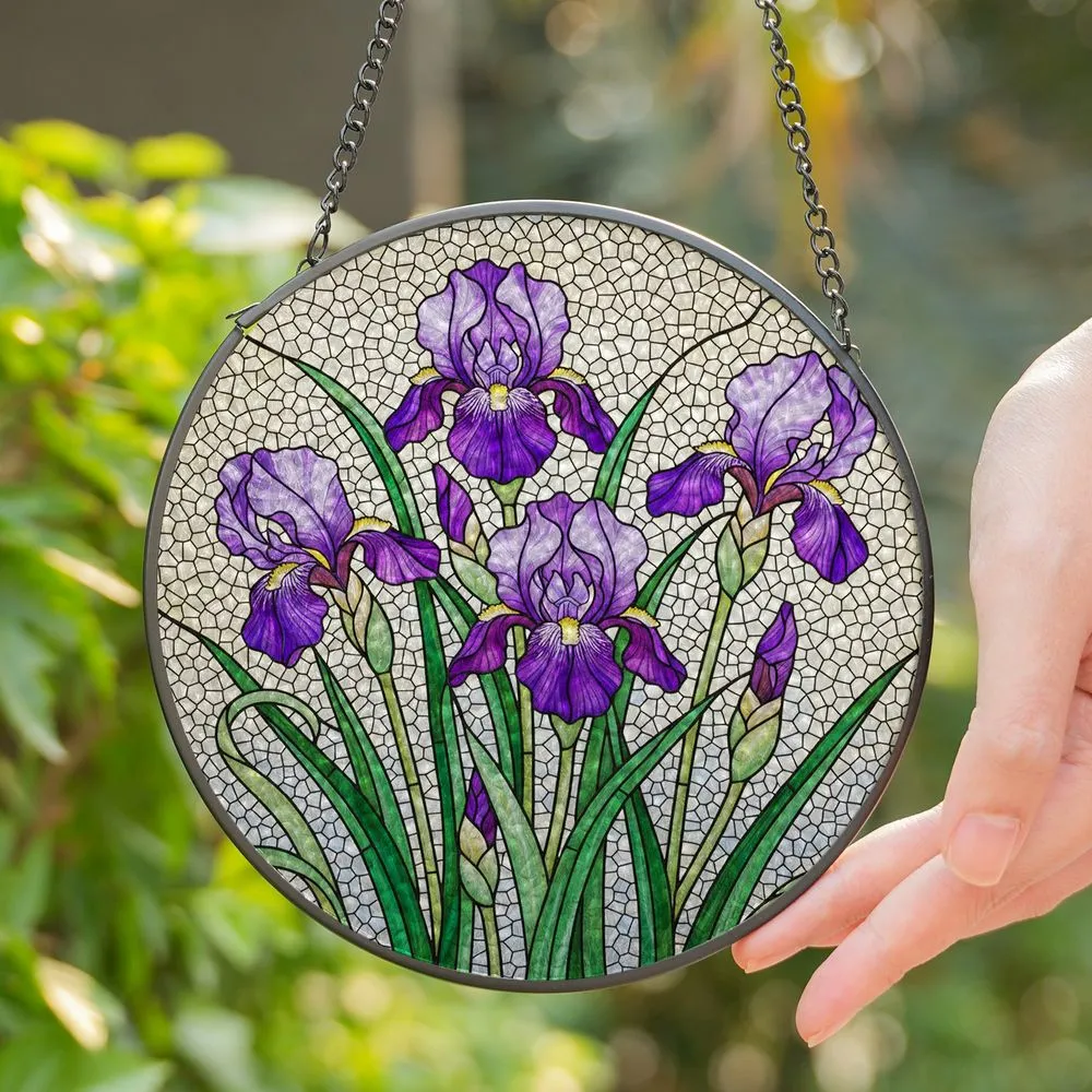 Vibrant Purple Iris Stained Glass Mosaic - Tiffany Style Translucent Floral Window Art Decor Stained Glass Suncatcher - 1
