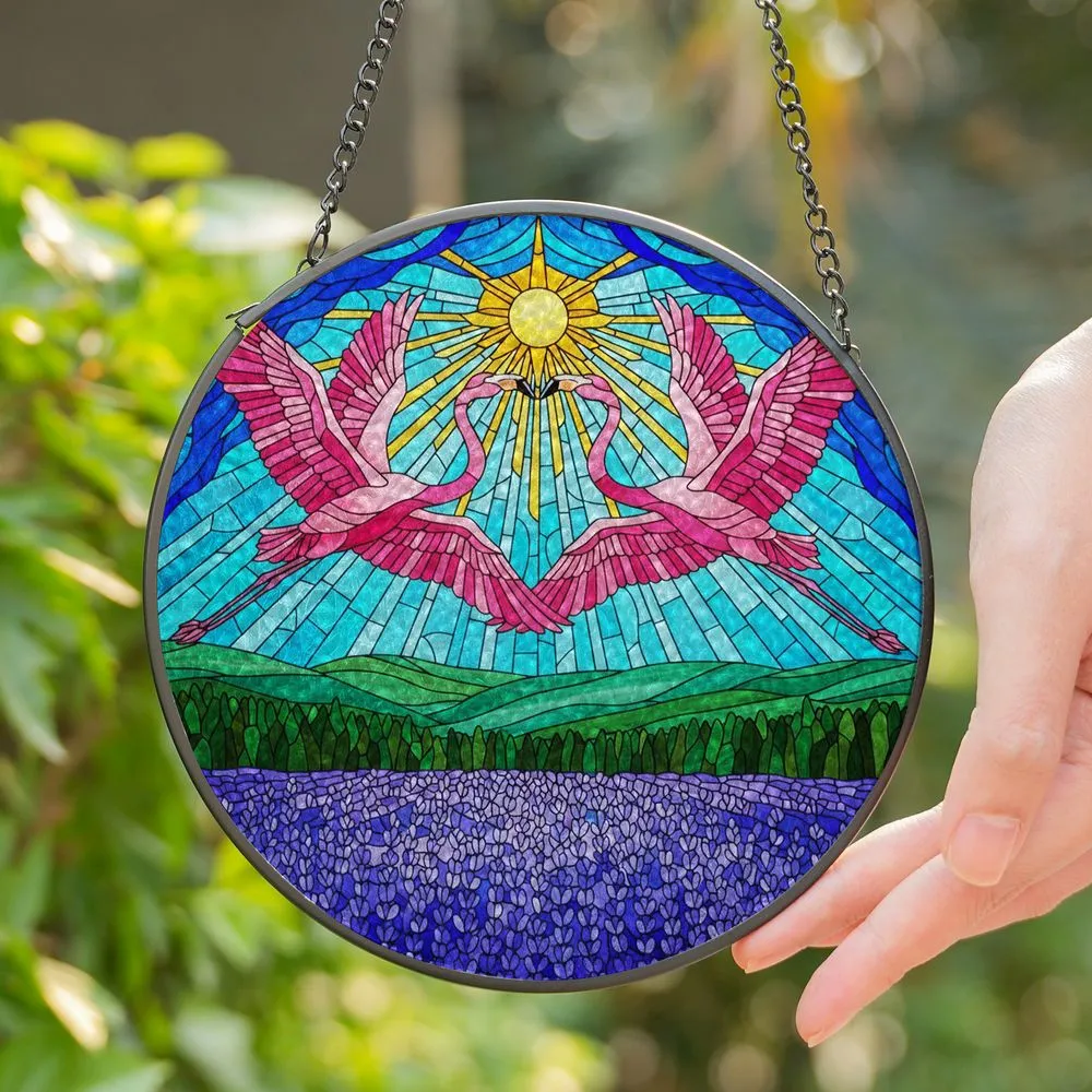 Pink Flamingos Stained Glass Art - Glowing Jewel Tone Sun & Lavender Field Decor Stained Glass Suncatcher - 1