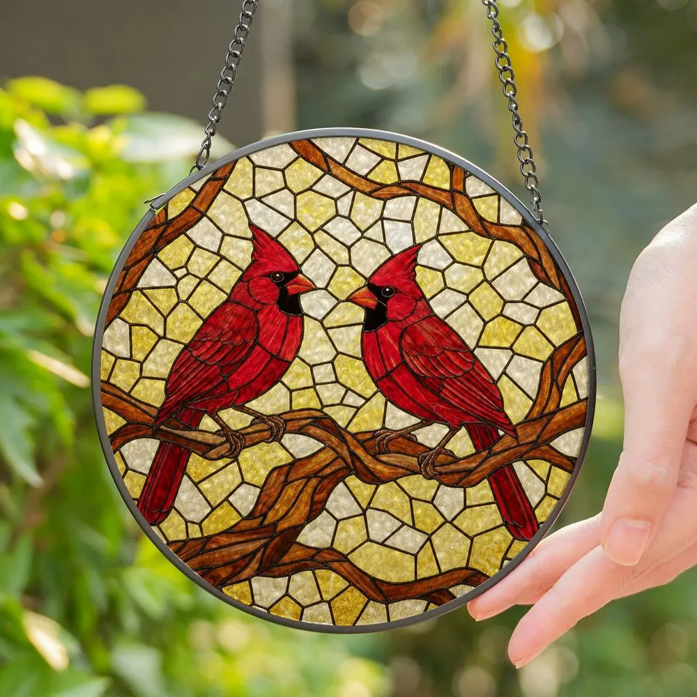 Crimson Red Male Cardinal Birds Tiffany Stained Glass Gnarled Tree Branch Mosaic Stained Glass Suncatcher - 1
