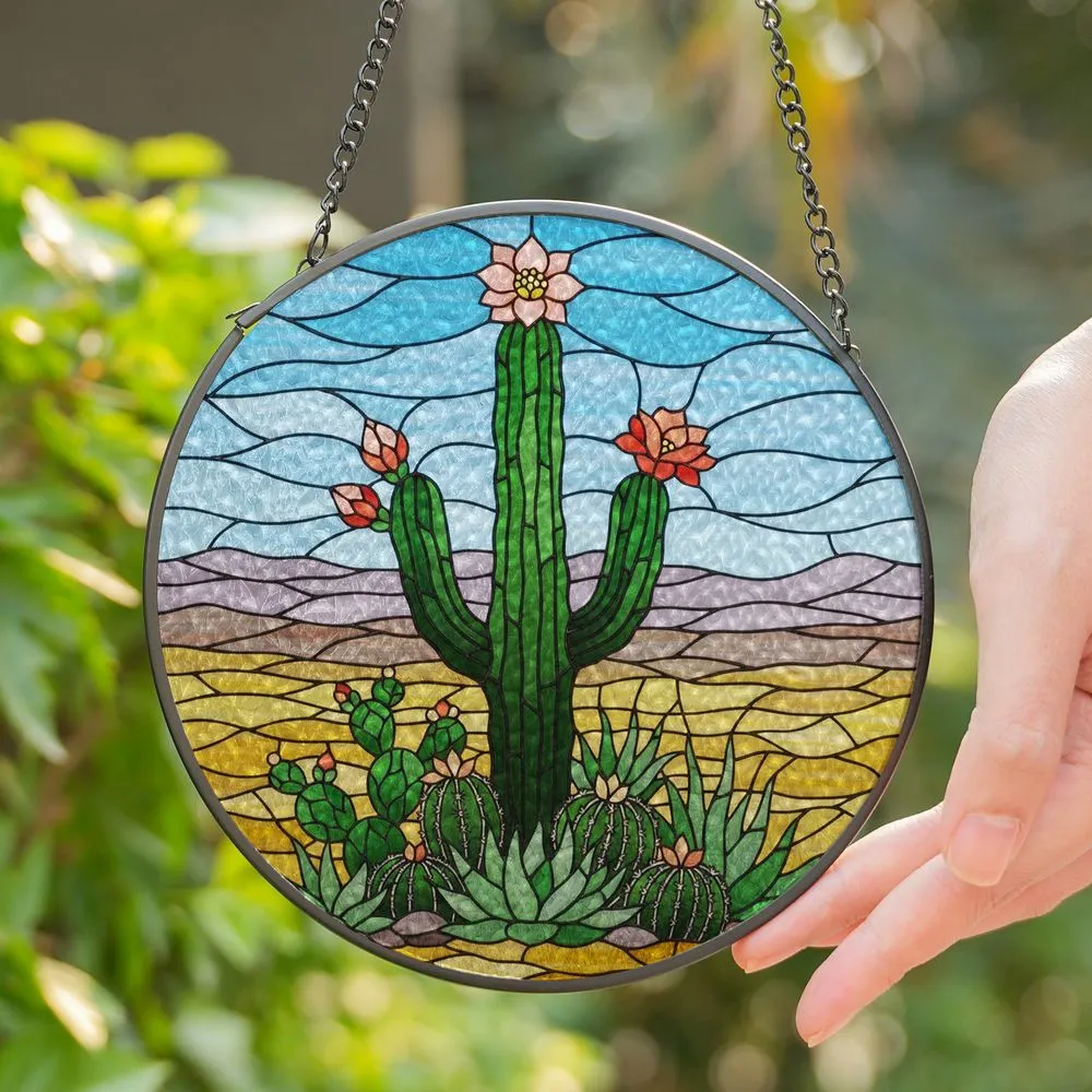 Saguaro Cactus Desert Plants Stained Glass Tiffany Art - Green Coral Yellow Sky Blue Landscape Stained Glass Suncatcher - 1