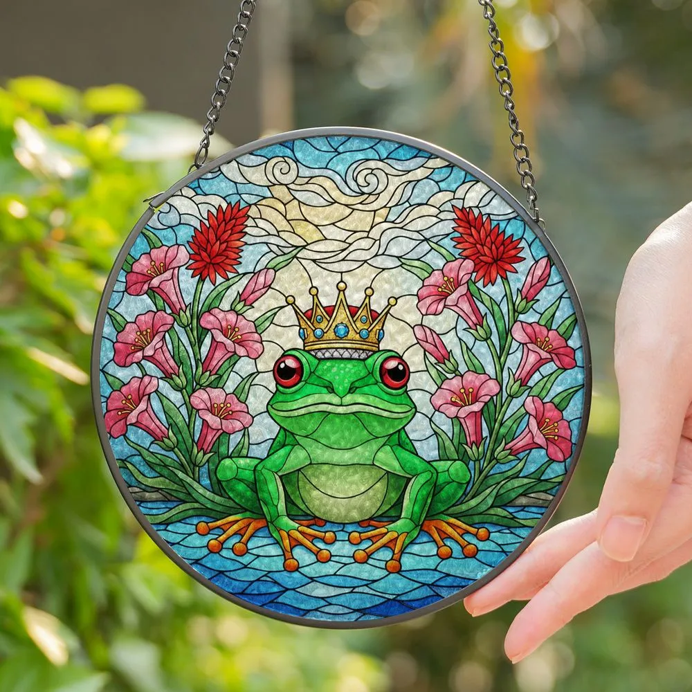 Green Frog Red Eyes Gold Crown Stained Glass Pond Flowers & Cloudy Sky Home Decor Stained Glass Suncatcher - 1