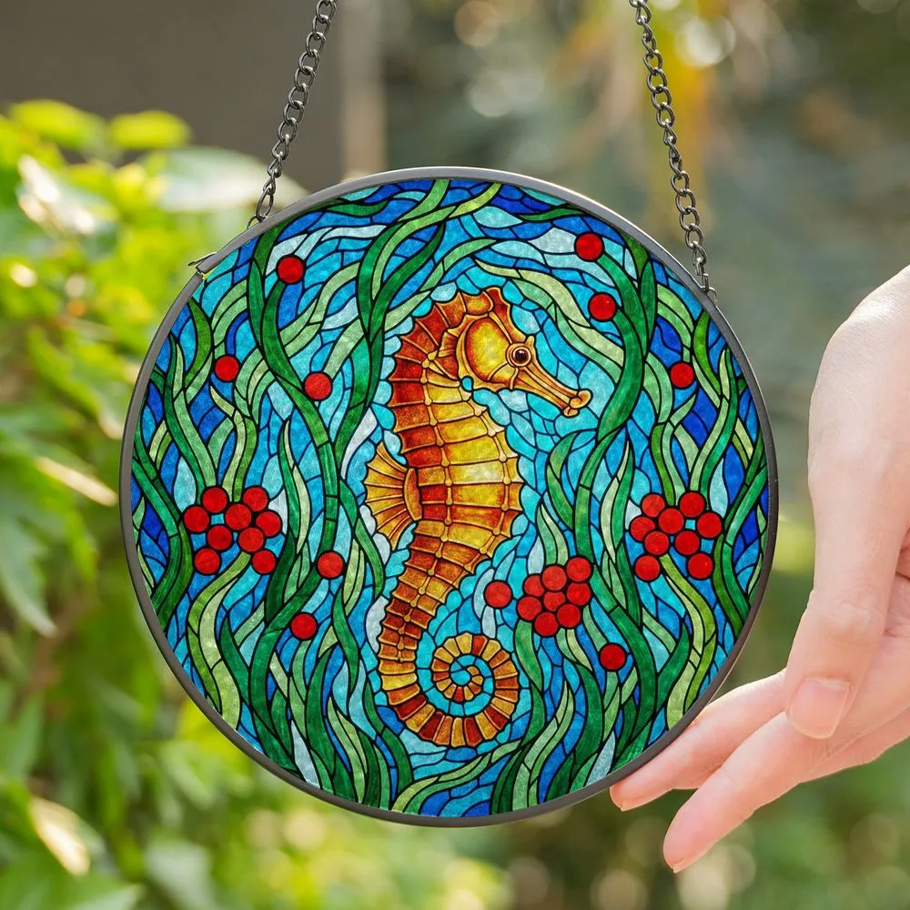 Majestic Seahorse Stained Glass Tiffany Style Aquatic Ocean Jewel Tone Mosaic Design Stained Glass Suncatcher - 1