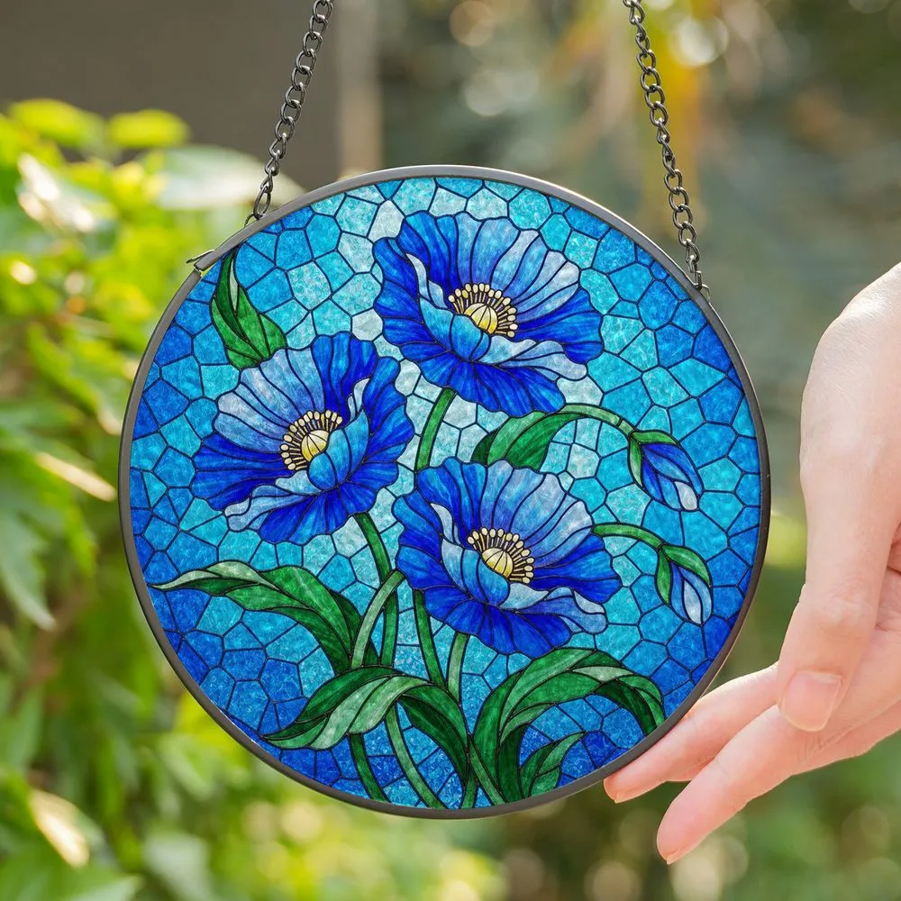 Blue Poppy Flowers Stained Glass Mosaic Art - Tiffany Style Window Panel Home Decor Gift Stained Glass Suncatcher - 1