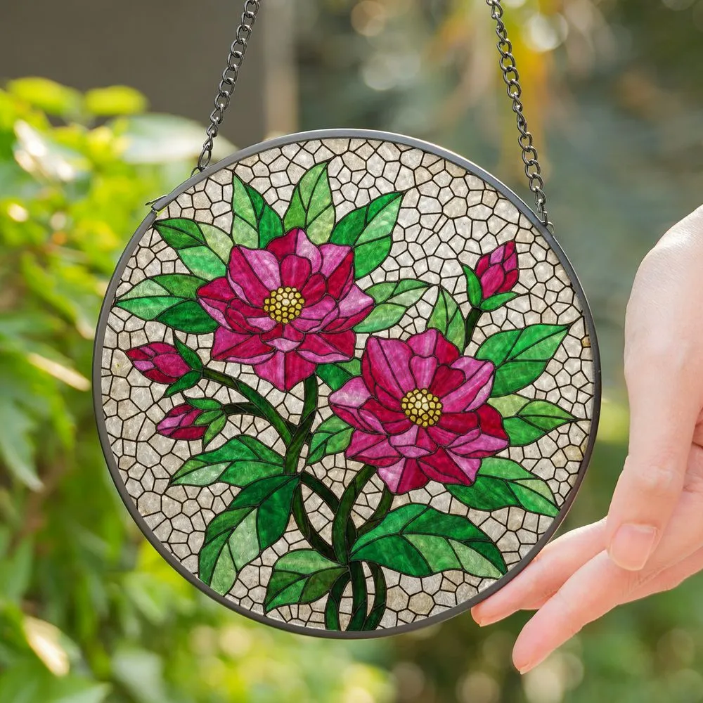 Tiffany Stained Glass Flowers Pink Fuchsia Petals - Glowing Nature Floral Mosaic Art Stained Glass Suncatcher - 1