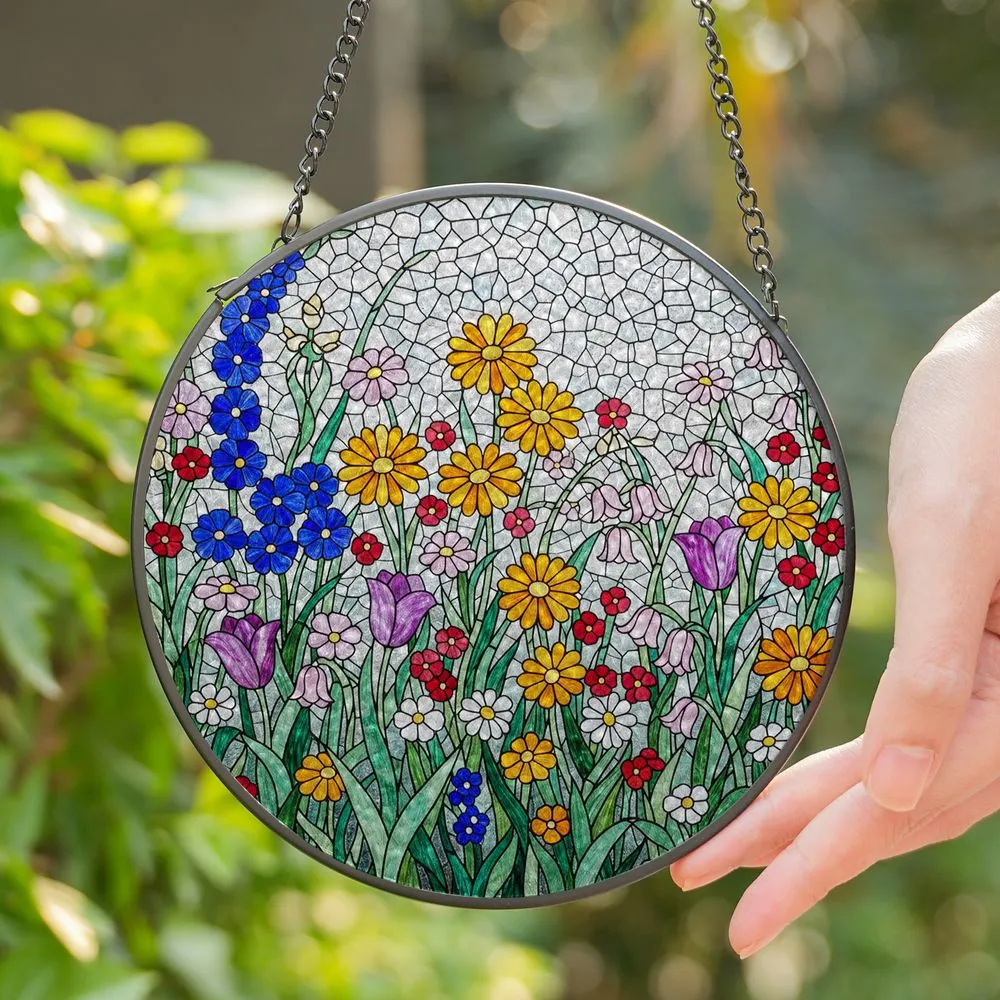 Stained Glass Wildflower Meadow Garden Mosaic - Orange Yellow Blue Purple Tulip Decor Stained Glass Suncatcher - 1