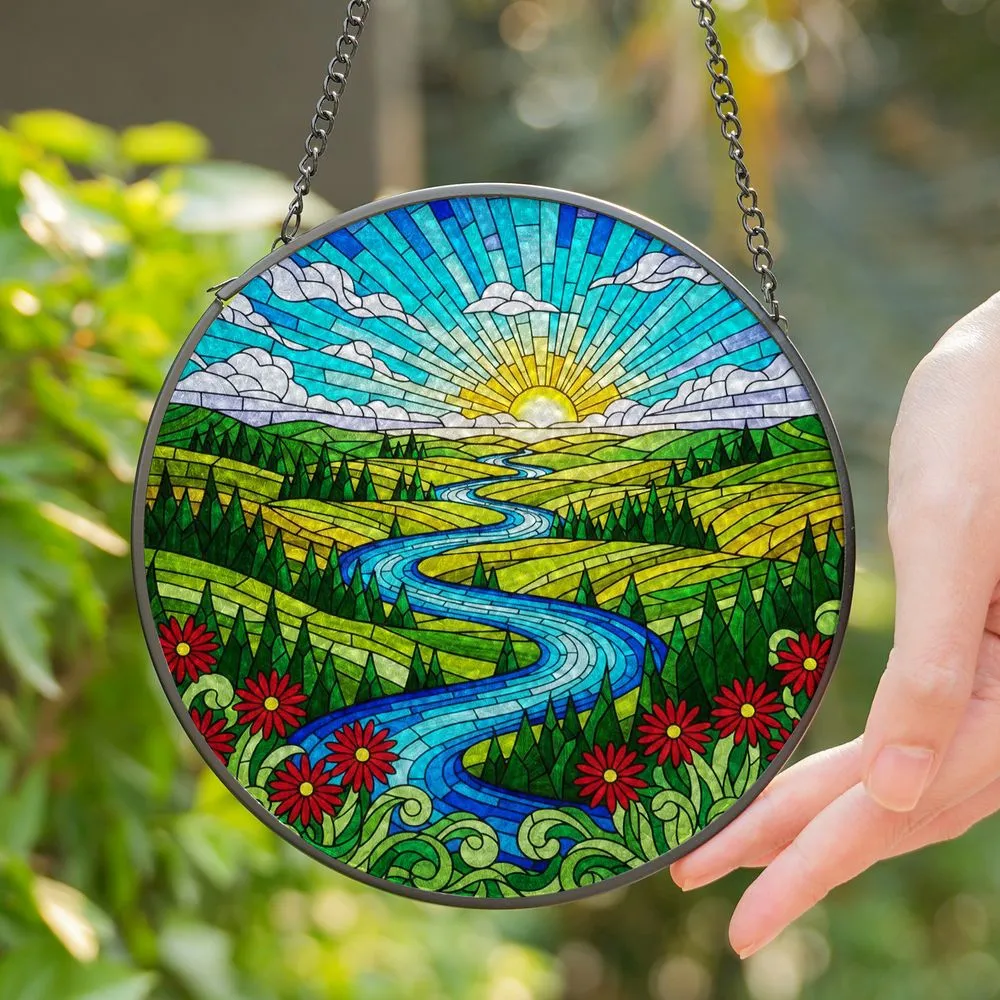 Glowing Tiffany Stained Glass River Landscape - Jewel Tones Forest & Flower Art Stained Glass Suncatcher - 1