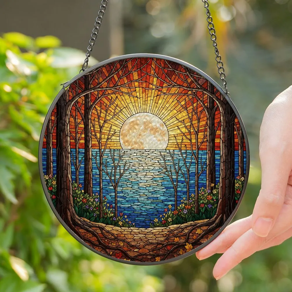 Glowing Full Moon Stained Glass - Detailed Tree Roots, Autumn Leaves, Water Sunset Stained Glass Suncatcher - 1