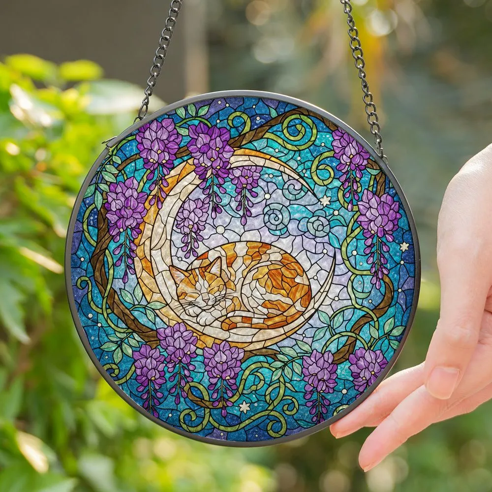 Calico Cat Sleeping Crescent Moon, Wisteria Vines - Tiffany Stained Glass Night Scene Stained Glass Suncatcher - 1