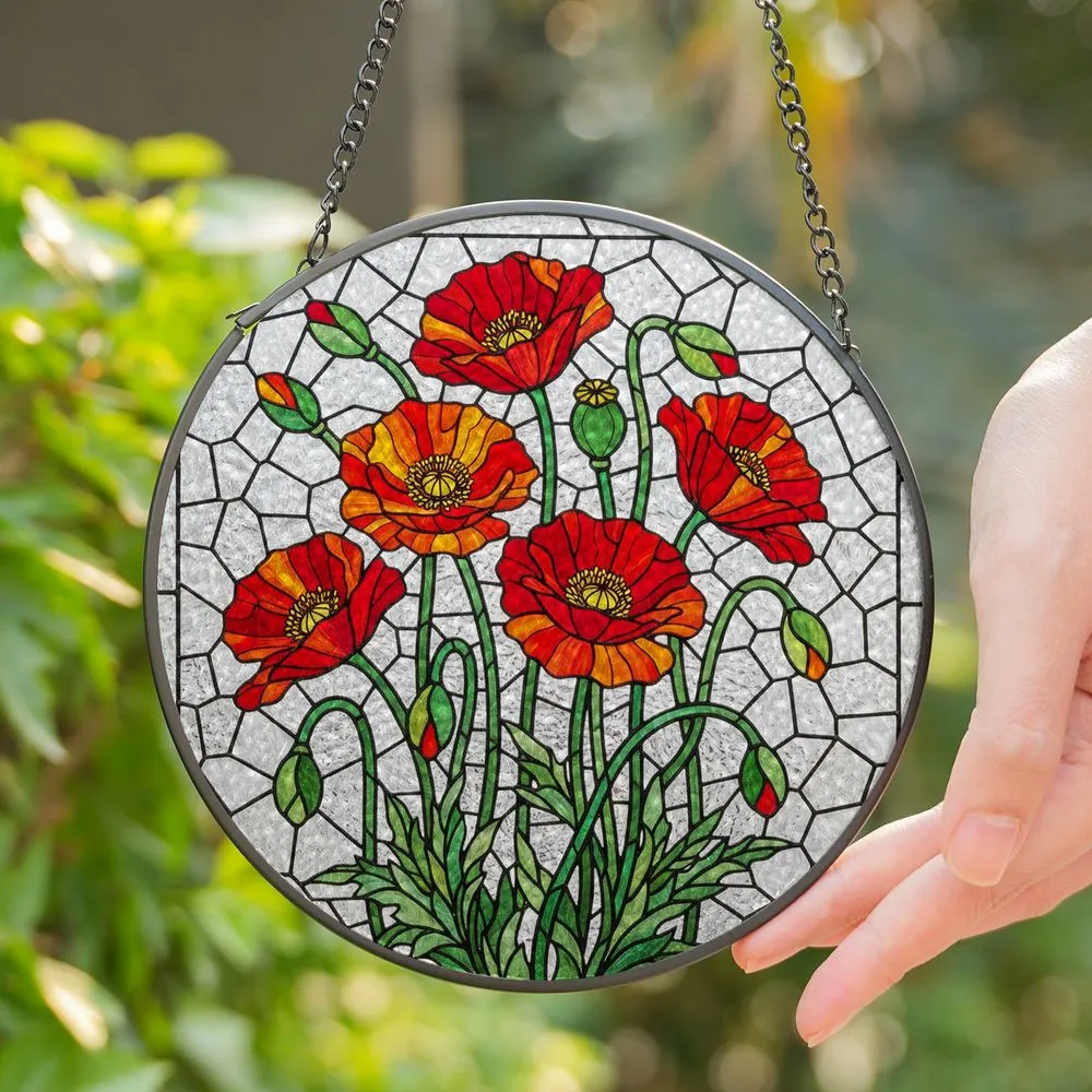 Vivid Stained Glass Poppy Flowers Tiffany Style - Detailed Floral Mosaic Art Home Decor Stained Glass Suncatcher - 1