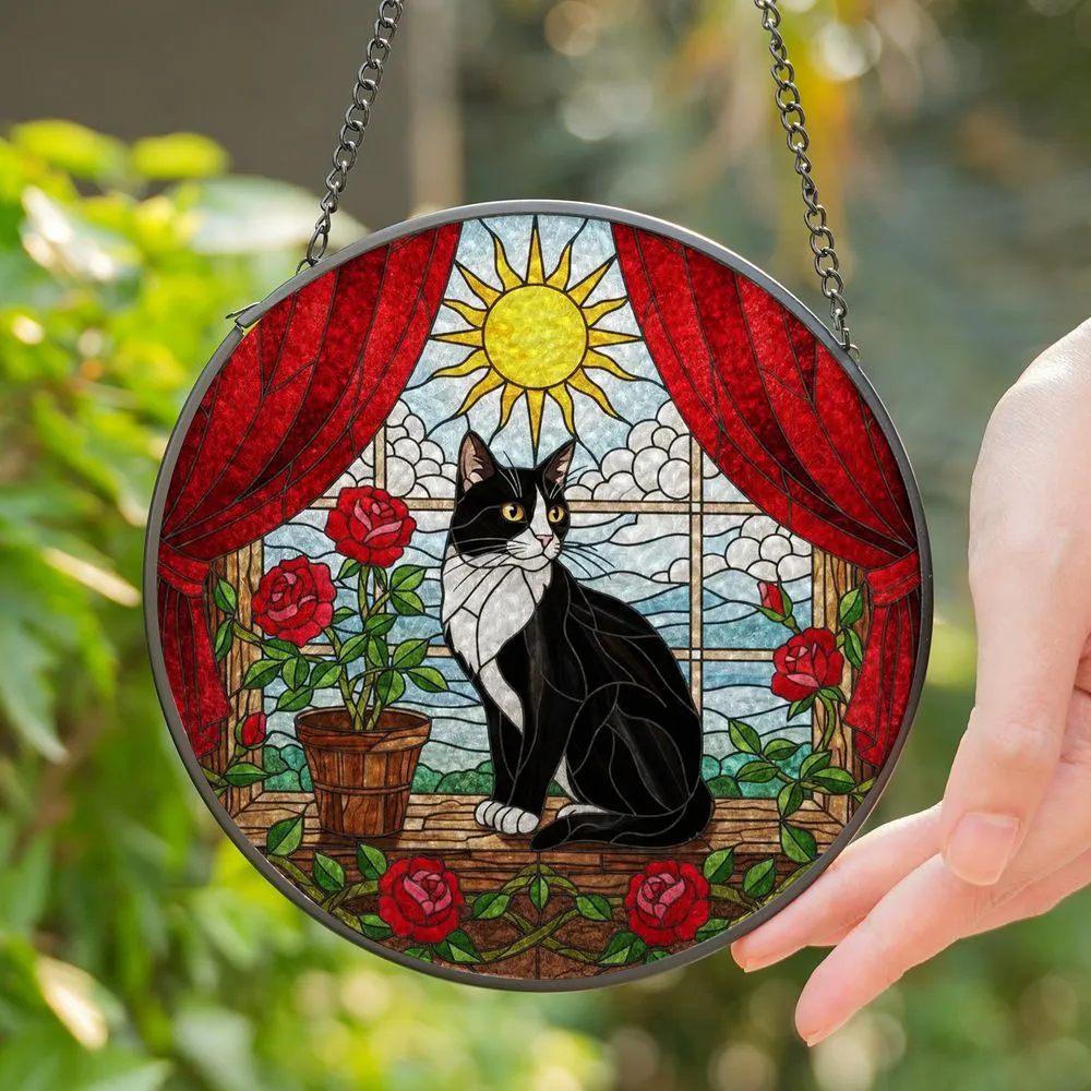 Black & White Tuxedo Cat Stained Glass - Rose Vines Sunny Window Mosaic Scene Stained Glass Suncatcher - 1