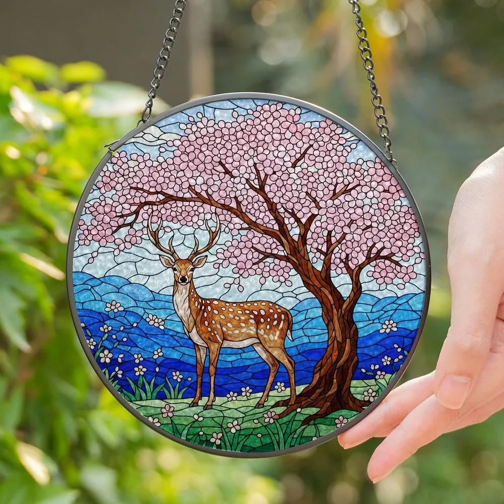 Spotted Deer Antlers Cherry Blossom Tree Green Grass Blue Hills Intricate Stained Glass Stained Glass Suncatcher - 1