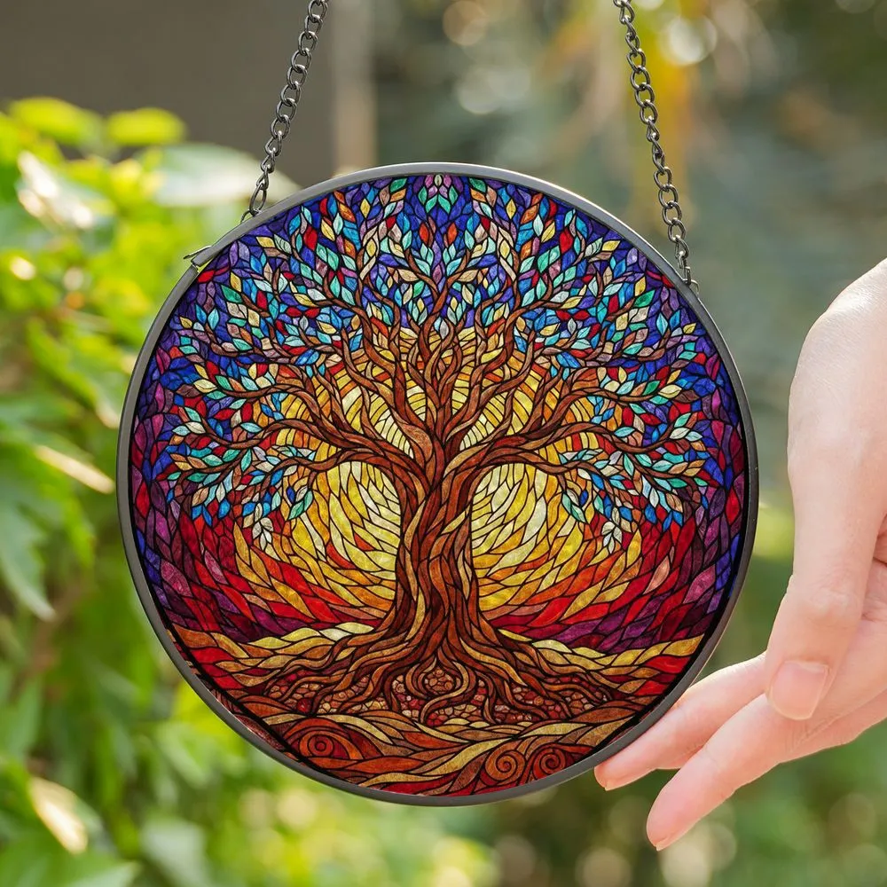 Intricate Tree of Life Stained Glass Mosaic - Tiffany Style Jewel Tone Home Decor Gift Stained Glass Suncatcher - 1