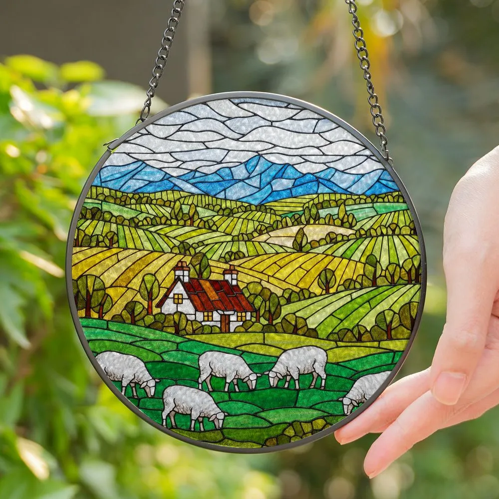 White Sheep Country Cottage Stained Glass Landscape - Rural Hillside Farmhouse Decor Stained Glass Suncatcher - 1