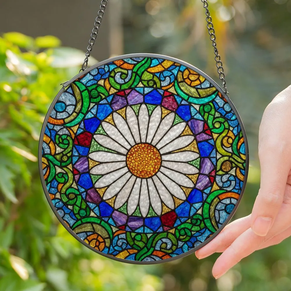 Daisy Flower Stained Glass Mosaic - Tiffany Style High Contrast Jewel Tone Detailed Art Stained Glass Suncatcher - 1