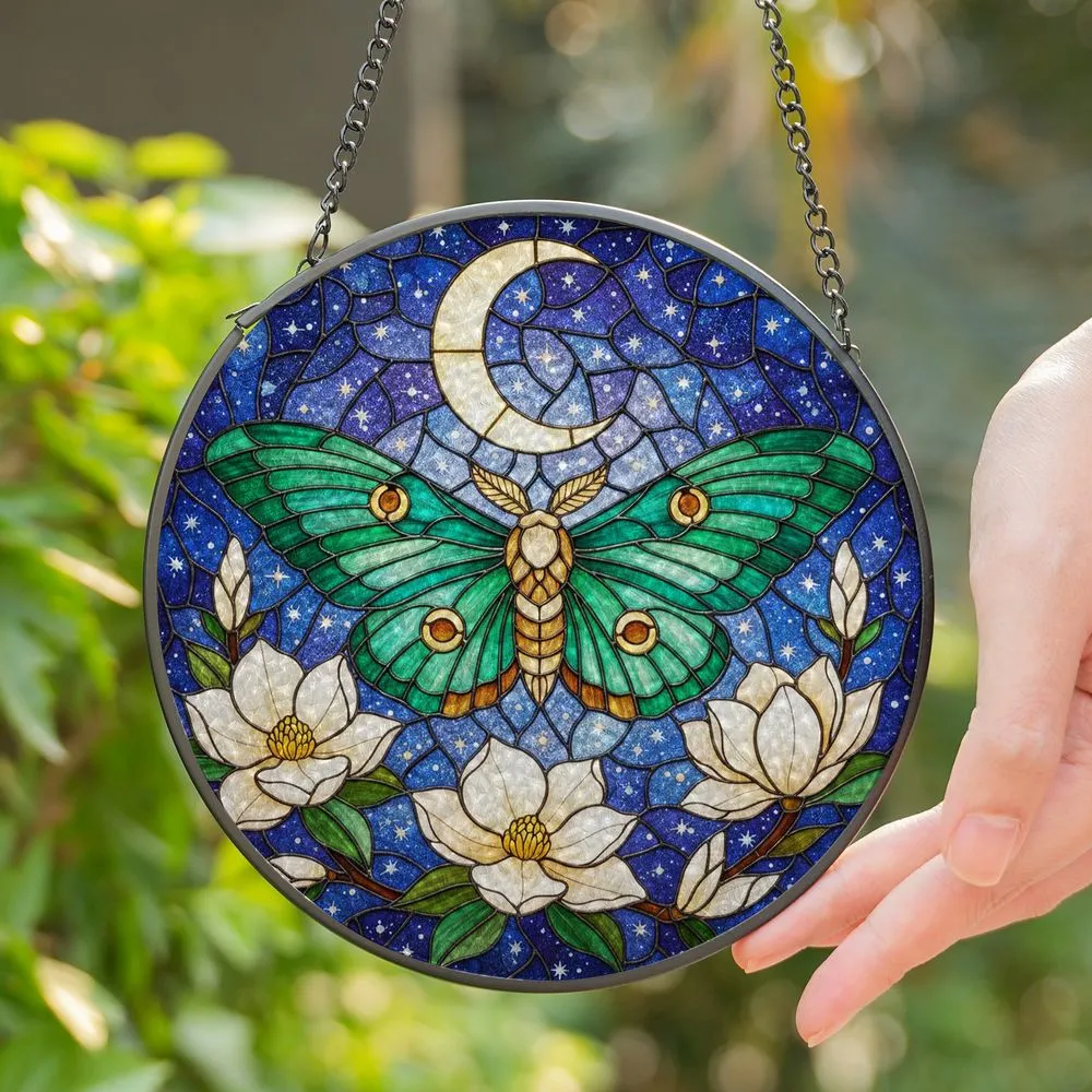 Green Teal Moth Stained Glass Crescent Moon Starry Night White Magnolia Jewel Tone Art Stained Glass Suncatcher - 1
