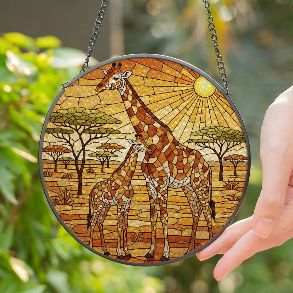 Protective Giraffe Mom & Baby Stained Glass Art African Savannah Mosaic Landscape Stained Glass Suncatcher - 1