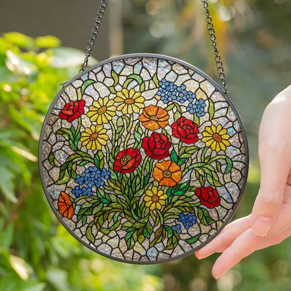 Wildflowers Stained Glass Mosaic Art - Intricate Tiffany Style Floral Design Stained Glass Suncatcher - 1