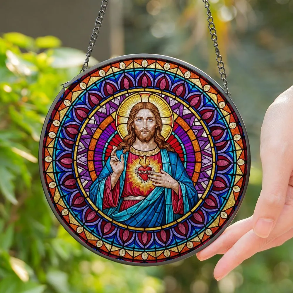 Jesus Christ Sacred Heart Stained Glass Mandala - Tiffany Jewel Tones Art Home Decor Stained Glass Suncatcher - 1