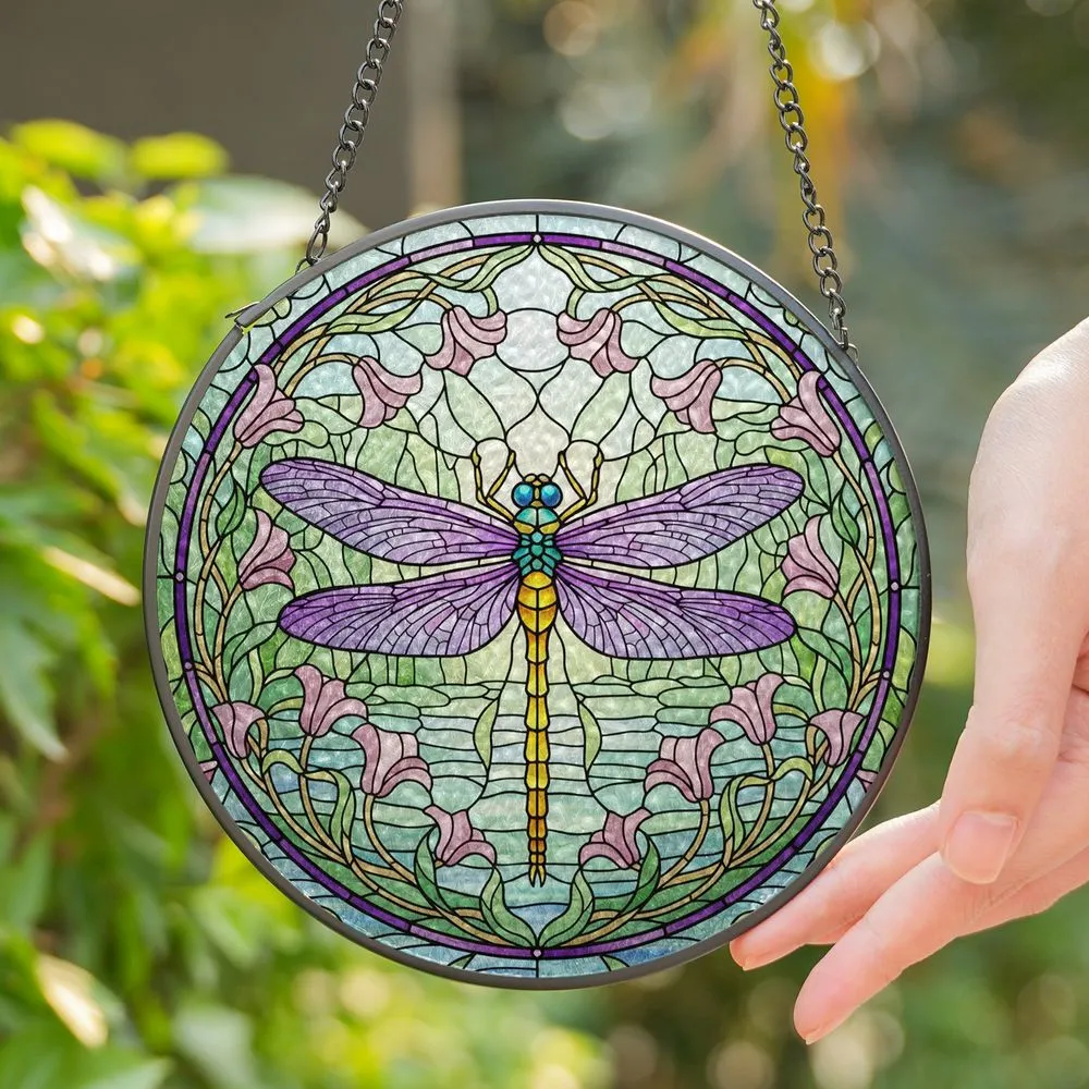 Dragonfly Stained Glass Tiffany Style Garden Flowers - Purple Wings Blue Body Jewel Tones Stained Glass Suncatcher - 1