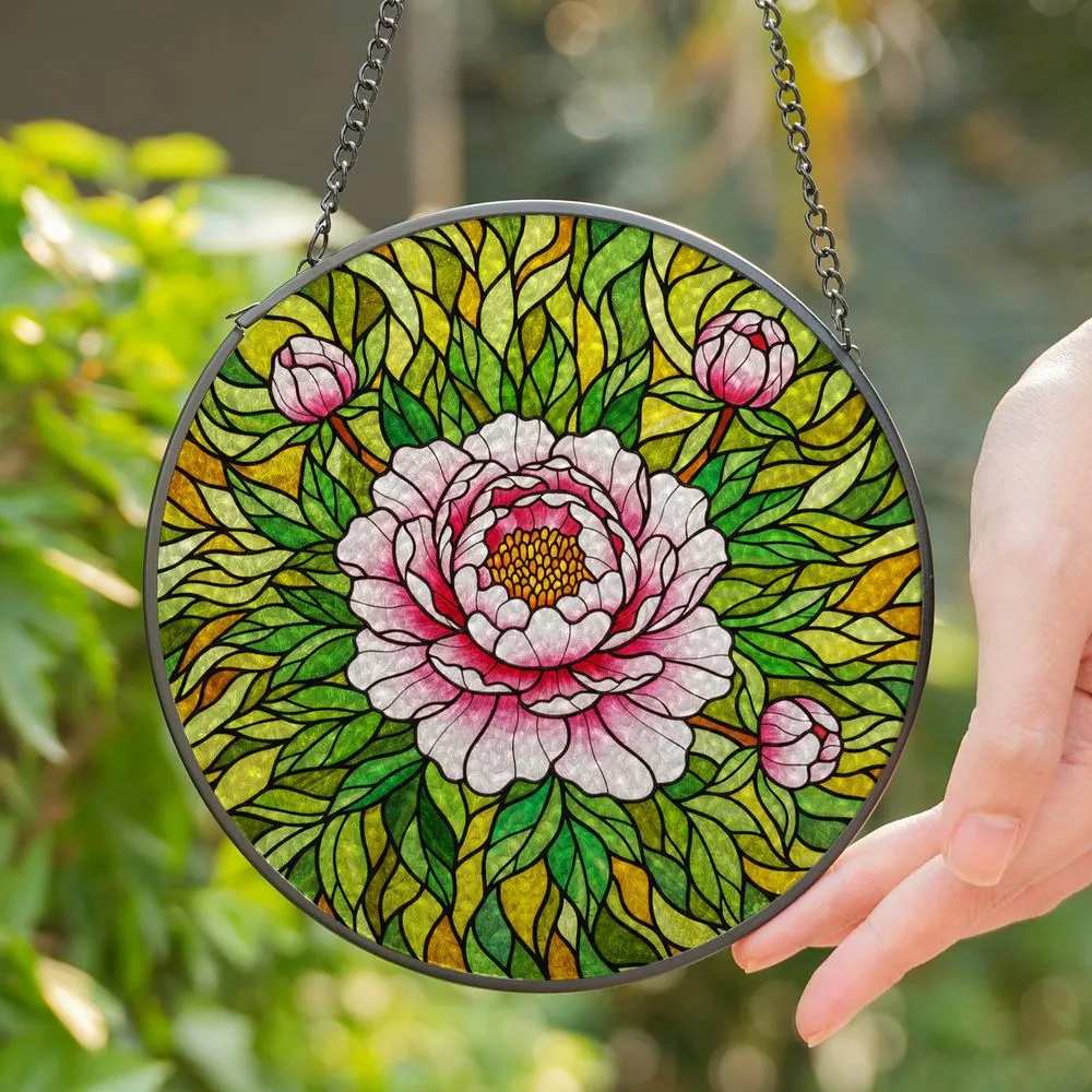Peony Flower Stained Glass Tiffany Style Jewel Tone Mosaic Floral Home Decor Art Stained Glass Suncatcher - 1