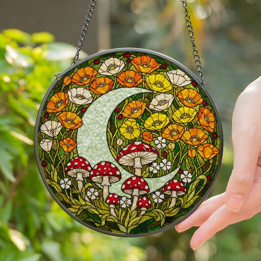Crescent Moon Toadstool Poppies Stained Glass Art - Intricate Botanical Nature Decor Stained Glass Suncatcher - 1