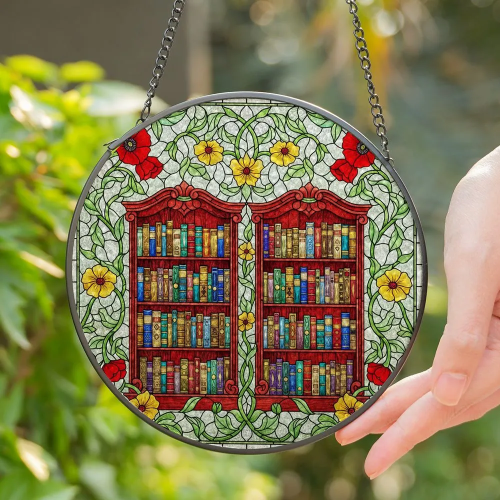 Intricate Red Bookshelves Colorful Books Poppies Vines - Tiffany Glass Bookworm Reading Decor Stained Glass Suncatcher - 1