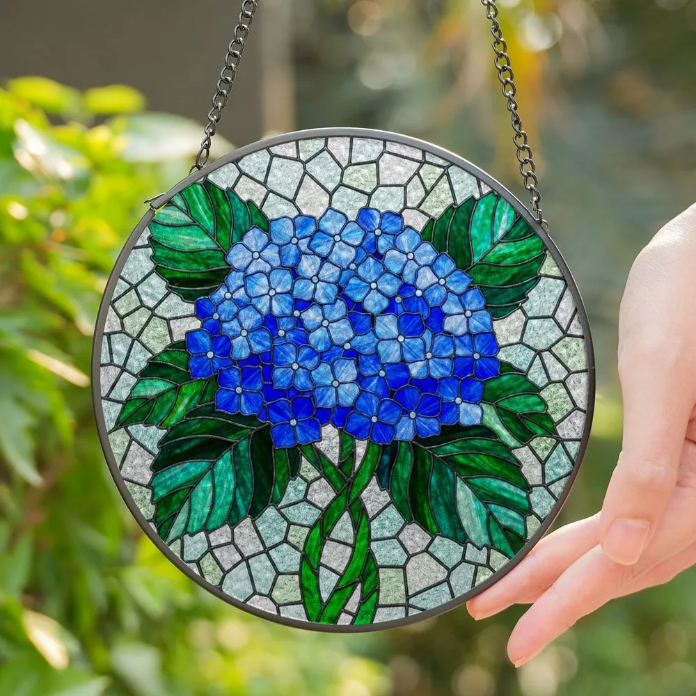 Blue Hydrangea Tiffany Stained Glass Emerald Green Leaves Sapphire Mosaic Home Decor Stained Glass Suncatcher - 1