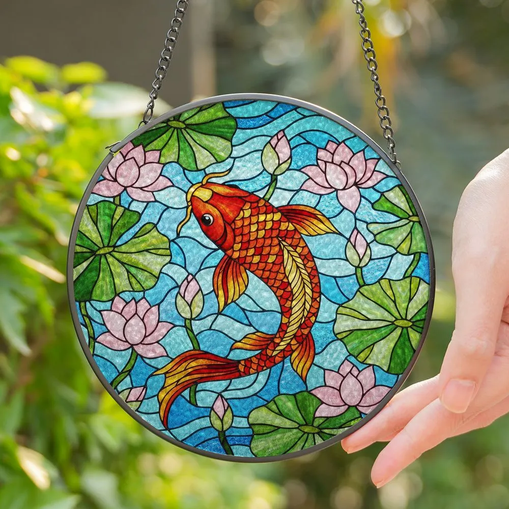 Iridescent Stained Glass Koi Fish Lotus Flower Lily Pad Teal Water Jewel Tones Stained Glass Suncatcher - 1