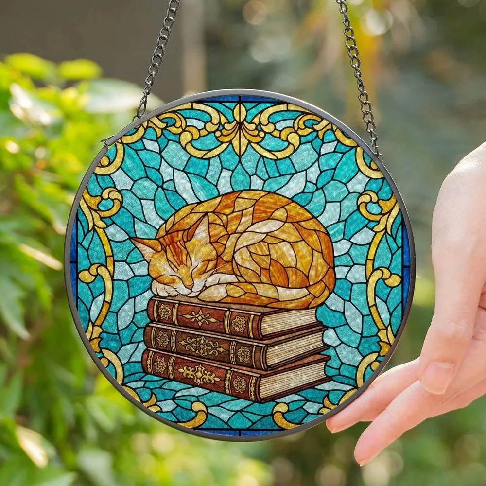 Orange Tabby Cat Sleeping Antique Books Tiffany Stained Glass Style - Cat Lover Gift Stained Glass Suncatcher - 1