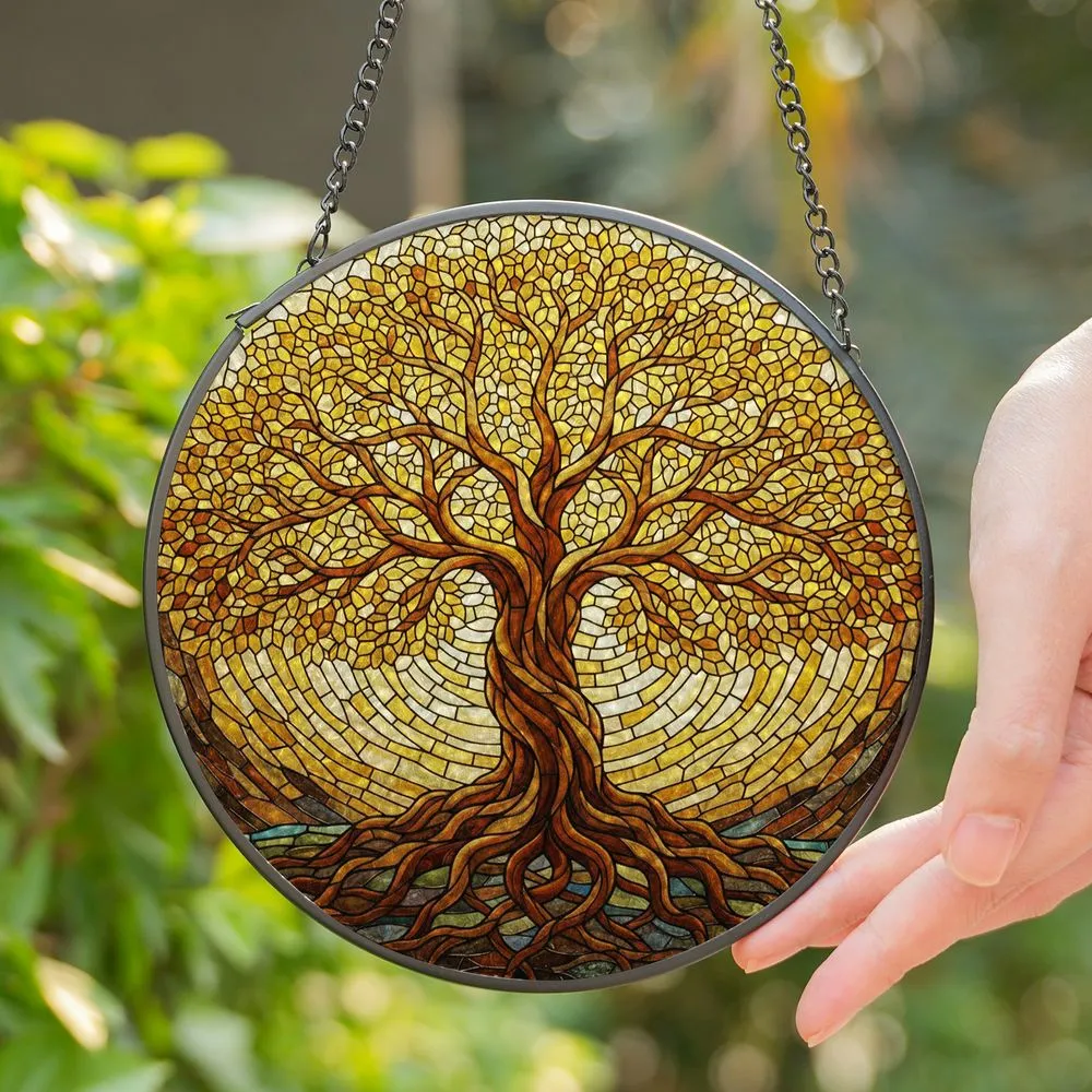 Ancient Gnarled Tree of Life Stained Glass Autumn Leaves Mosaic Sky Tiffany Style Stained Glass Suncatcher - 1