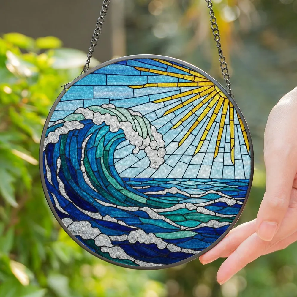 Majestic Ocean Wave Sun Tiffany Style Stained Glass - Deep Blue Emerald Green Sky Art Stained Glass Suncatcher - 1
