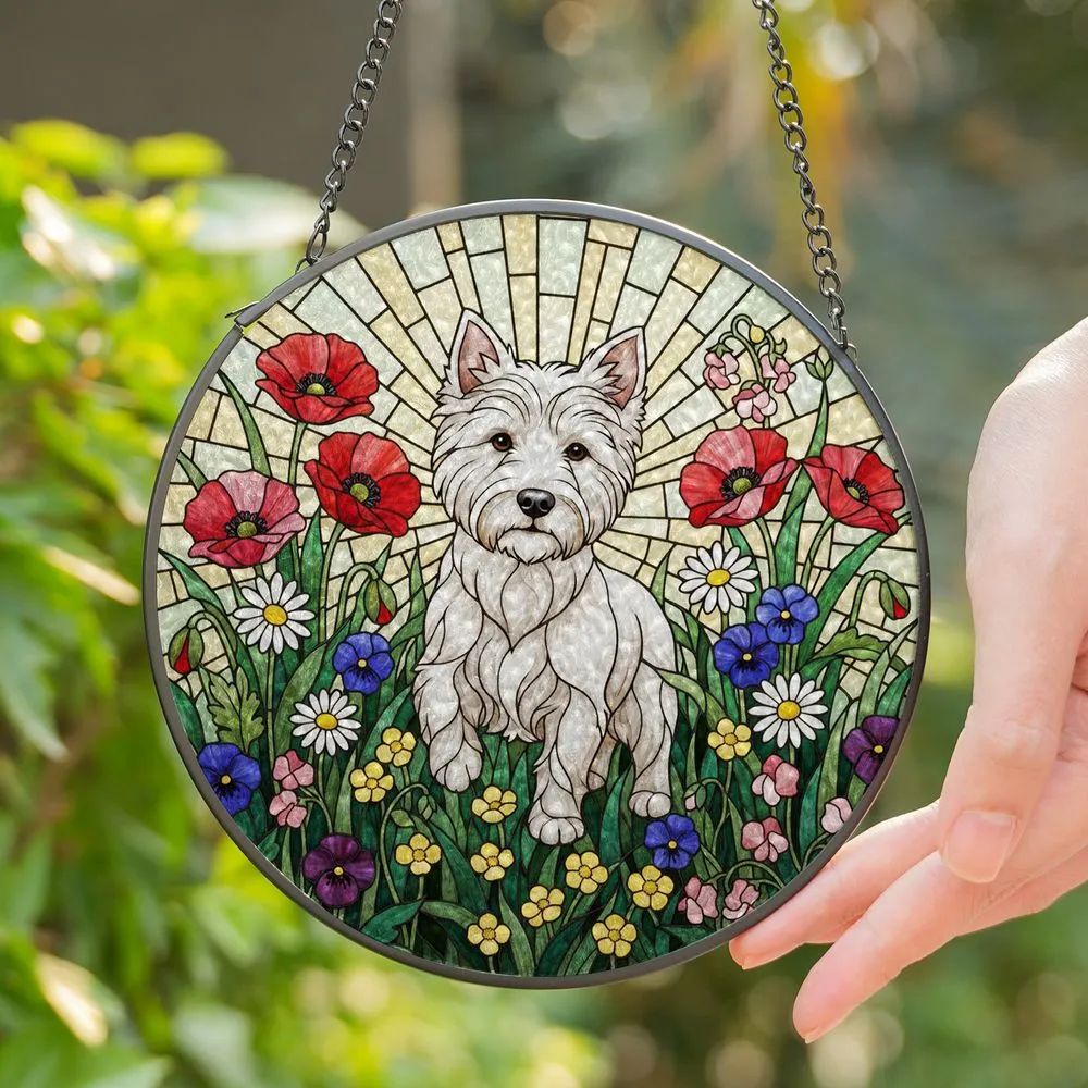 Westie Dog Tiffany Glass Poppies Wildflowers Dappled Light Stained Glass Art Stained Glass Suncatcher - 1