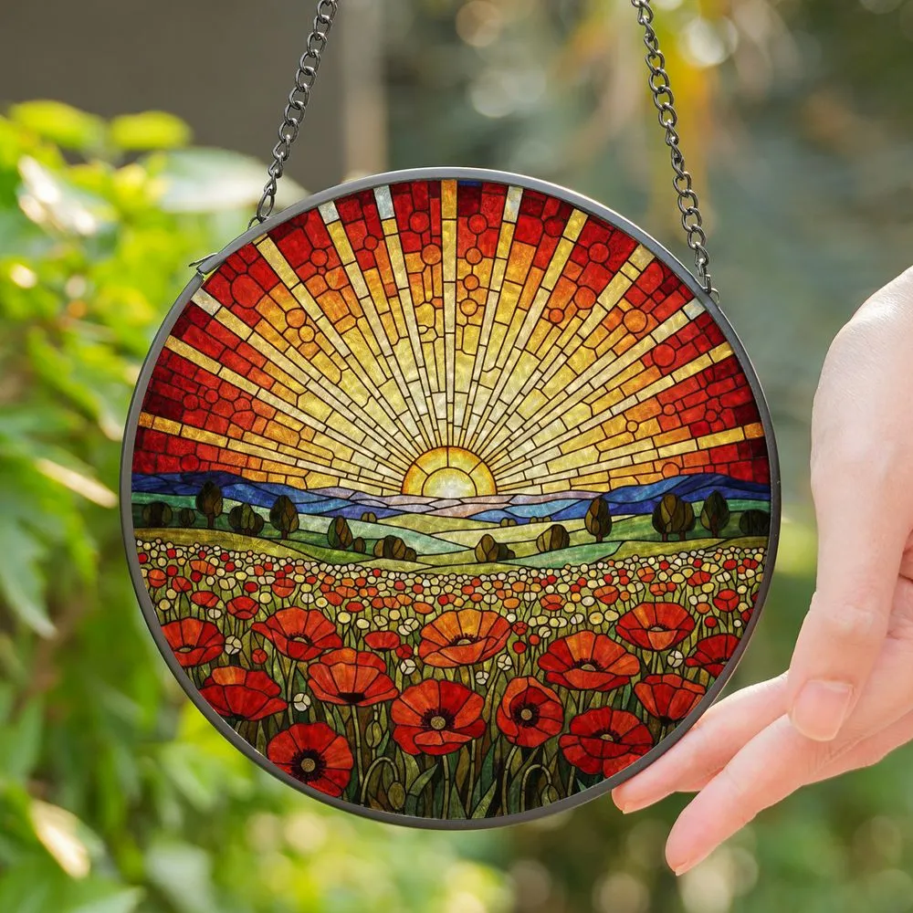 Glowing Poppy Meadow Stained Glass Sunrise - Translucent Wildflower Hill Landscape Art Stained Glass Suncatcher - 1