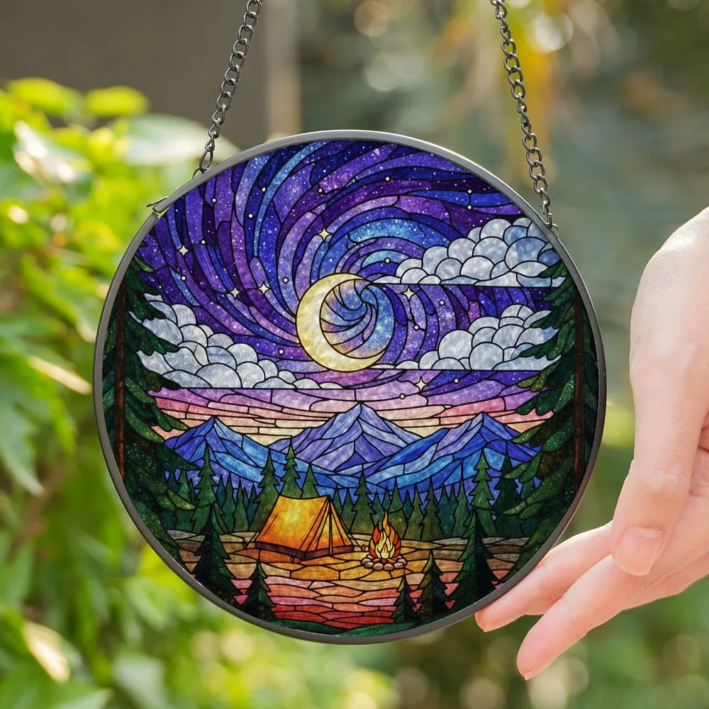 Golden Crescent Moon Campsite Tiffany Stained Glass Night Sky - Mountain Forest Stars Stained Glass Suncatcher - 1