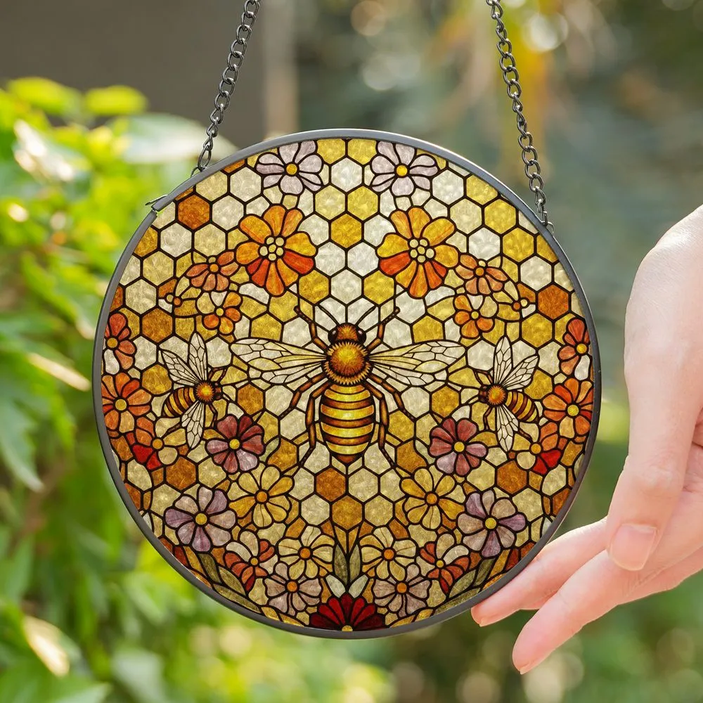 Tiffany Style Stained Glass Honeybees Flowers Honeycomb - Nature Bee Garden Gift Stained Glass Suncatcher - 1