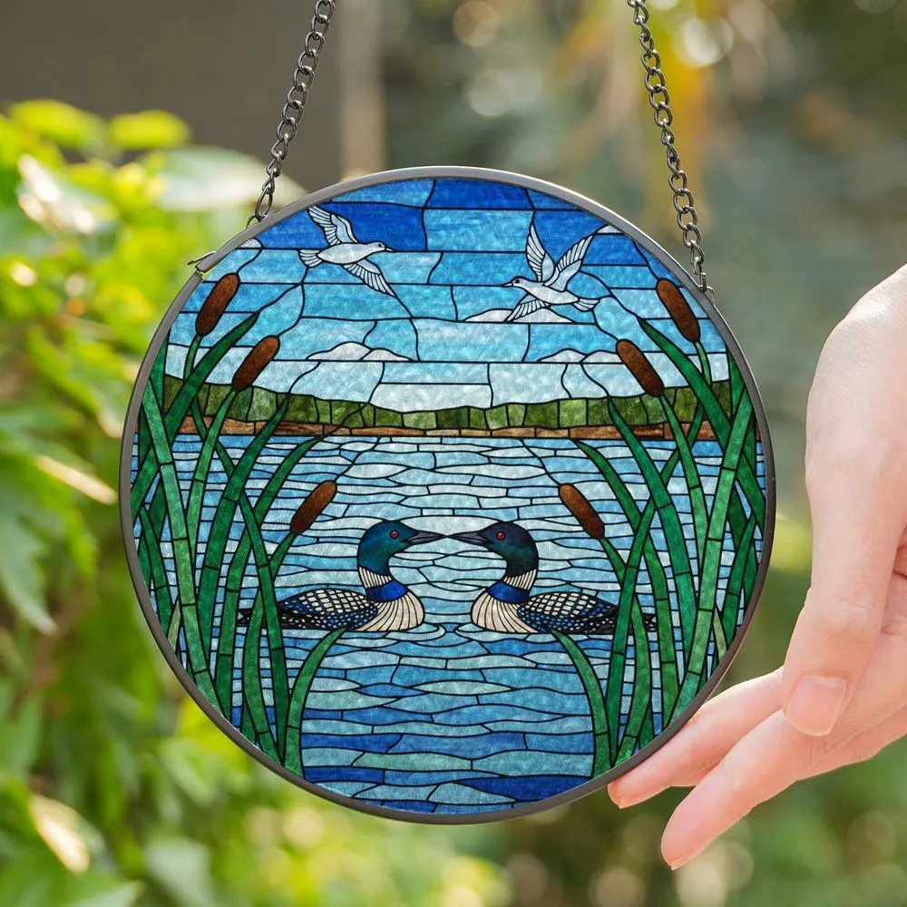 Common Loons Lake Reeds Cattails Stained Glass Art - Tiffany Style Jewel Tone Design Stained Glass Suncatcher - 1