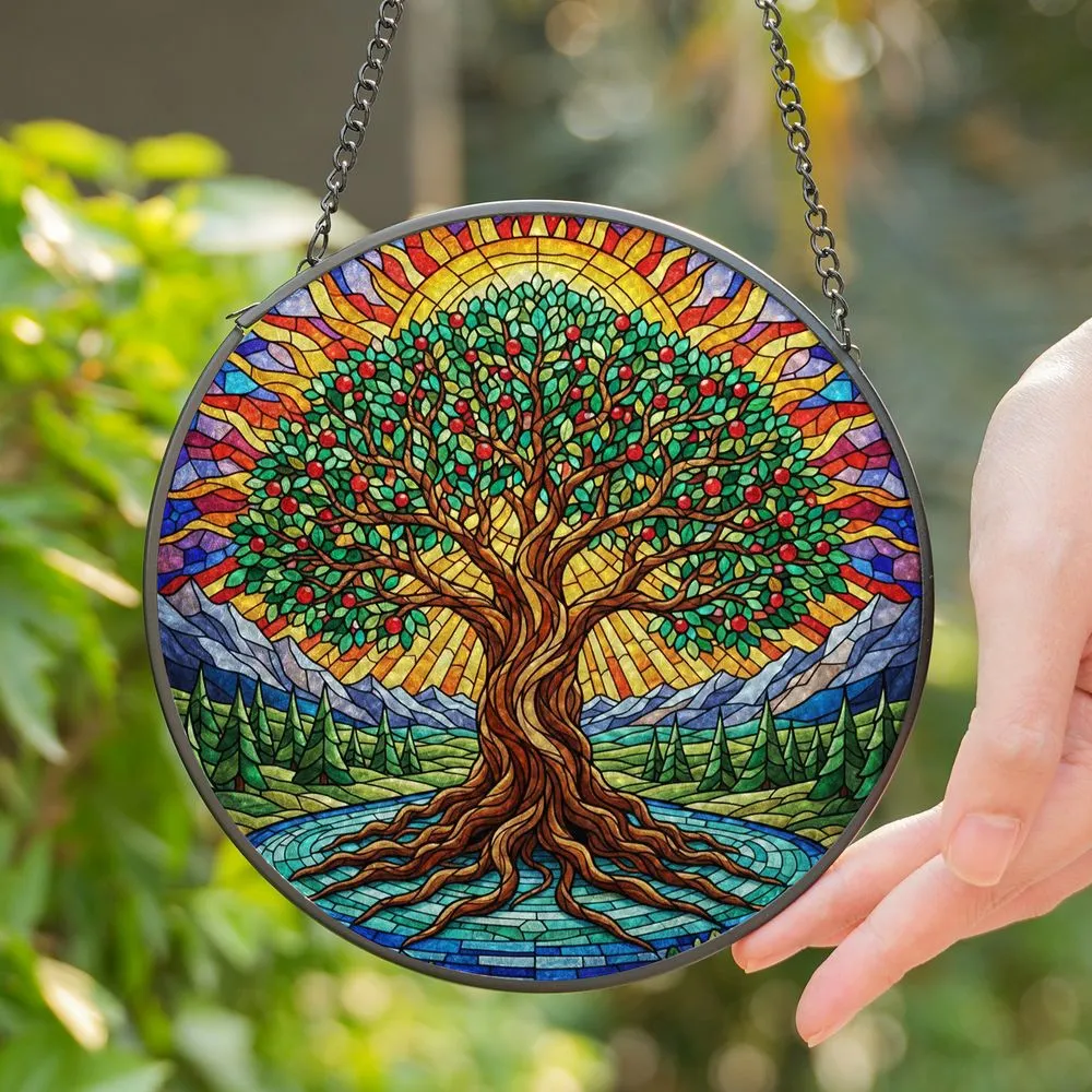 Ancient Tree of Life Stained Glass - Radiant Sun River Forest Mountains Mosaic Art Stained Glass Suncatcher - 1