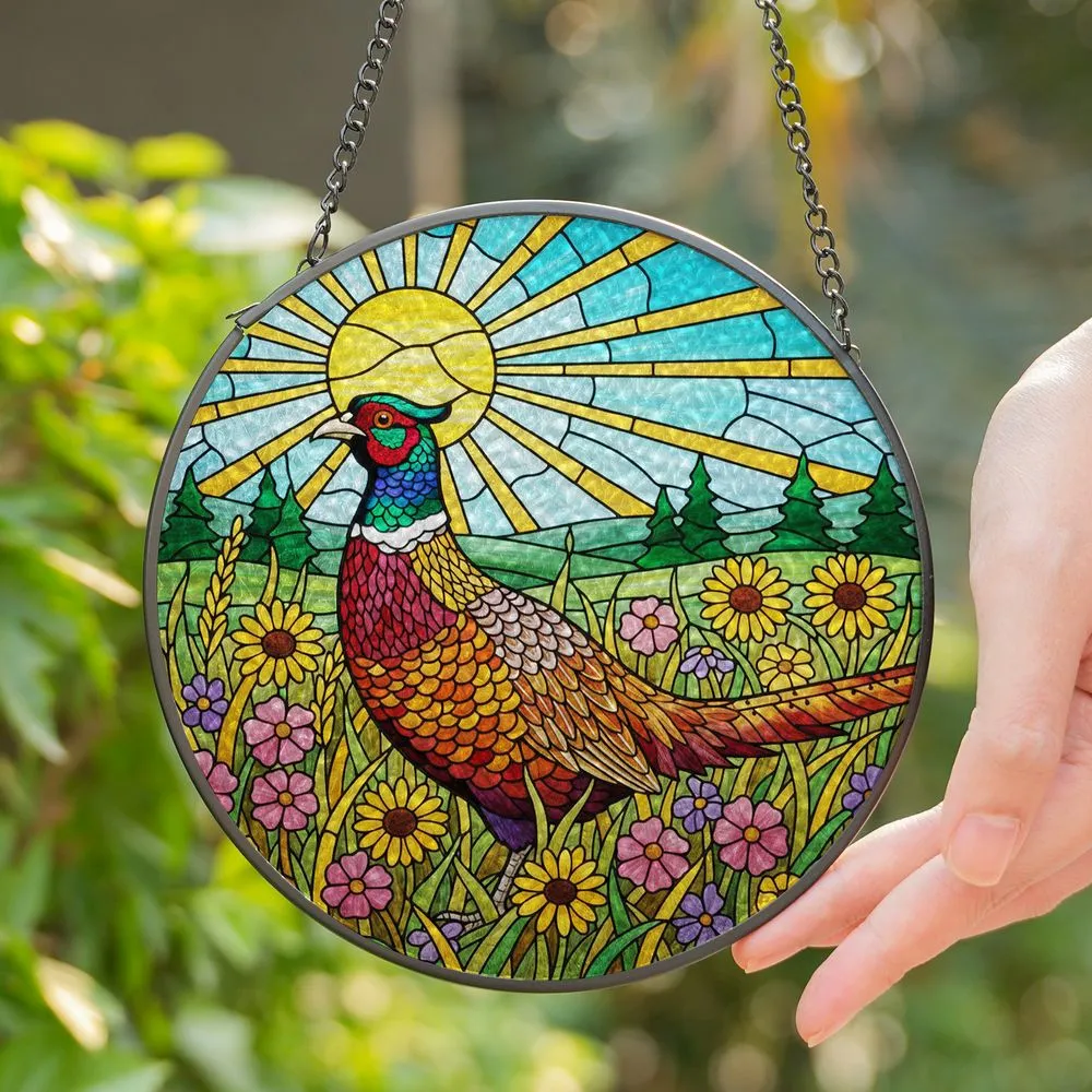 Majestic Male Pheasant Stained Glass Wildflower Sun Mosaic - Tiffany Jewel Tone Art Stained Glass Suncatcher - 1