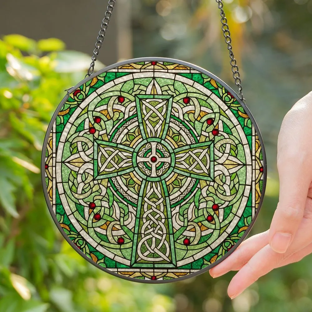 Ornate Celtic Cross Stained Glass Knotwork - Tiffany Style Green Amber Jewel Tones Art Stained Glass Suncatcher - 1