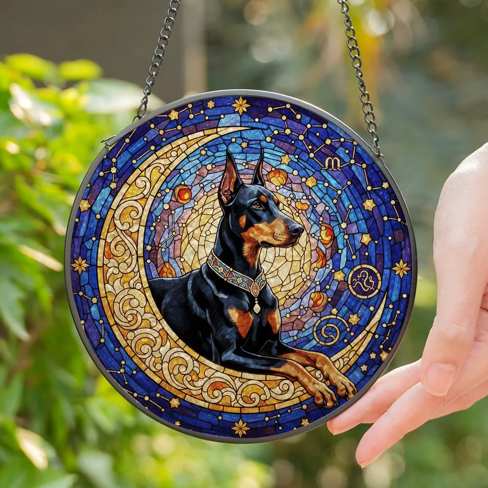 Regal Doberman Pinscher Dog Stained Glass Crescent Moon Intricate Celestial Night Mosaic Stained Glass Suncatcher - 1