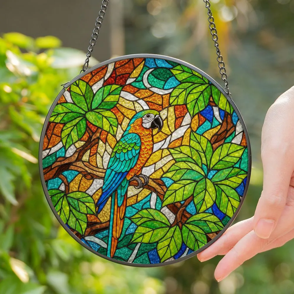 Colorful Parrot Stained Glass Mosaic Art - Tiffany Style Jewel Tones Home Window Decor Stained Glass Suncatcher - 1