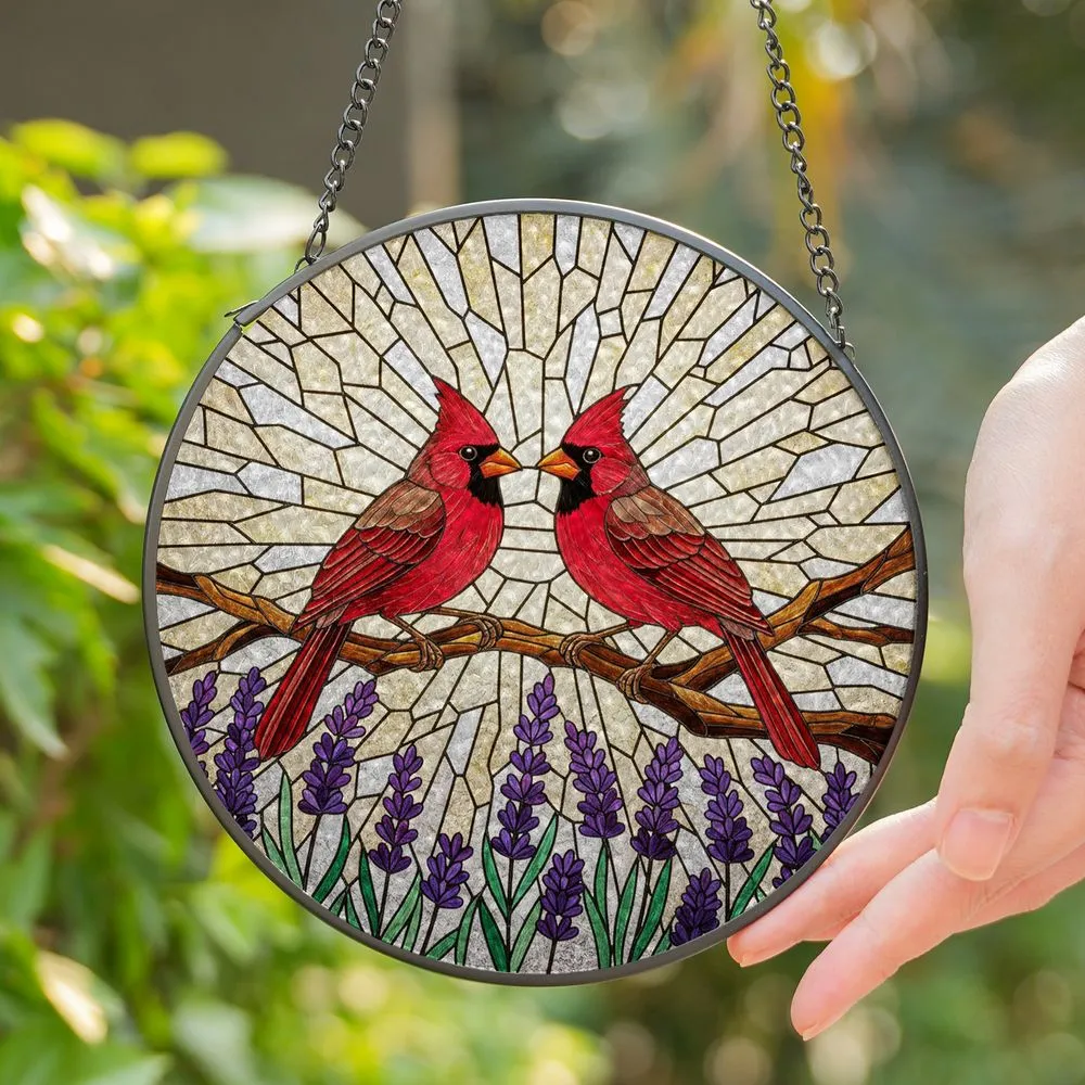 Red Cardinal Birds Lavender Flowers Tiffany Style Stained Glass Window Decor Home Art Stained Glass Suncatcher - 1