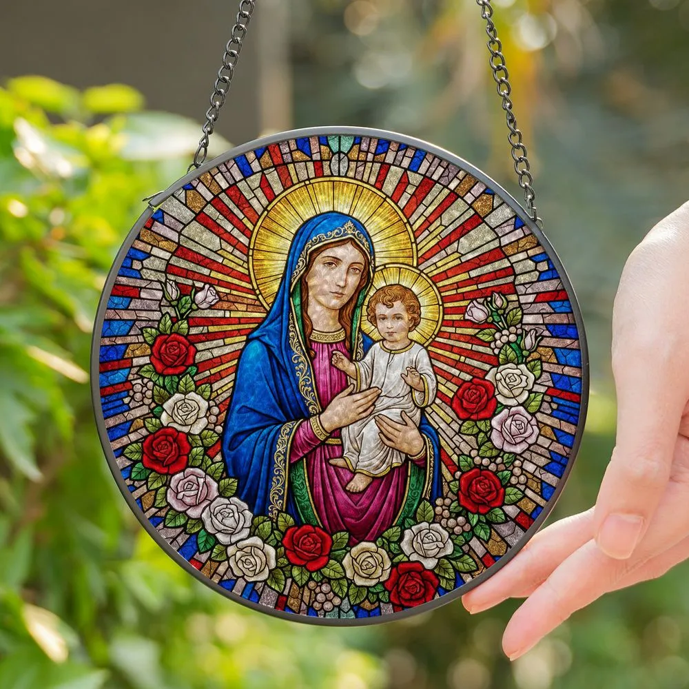 Virgin Mary Baby Jesus Stained Glass Art Tiffany Style - Floral Christian Religious Gift Stained Glass Suncatcher - 1