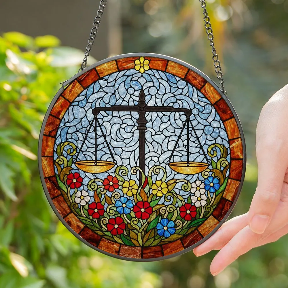 Stained Glass Scale of Justice - Tiffany Style Floral Art for Lawyers & Judges Stained Glass Suncatcher - 1