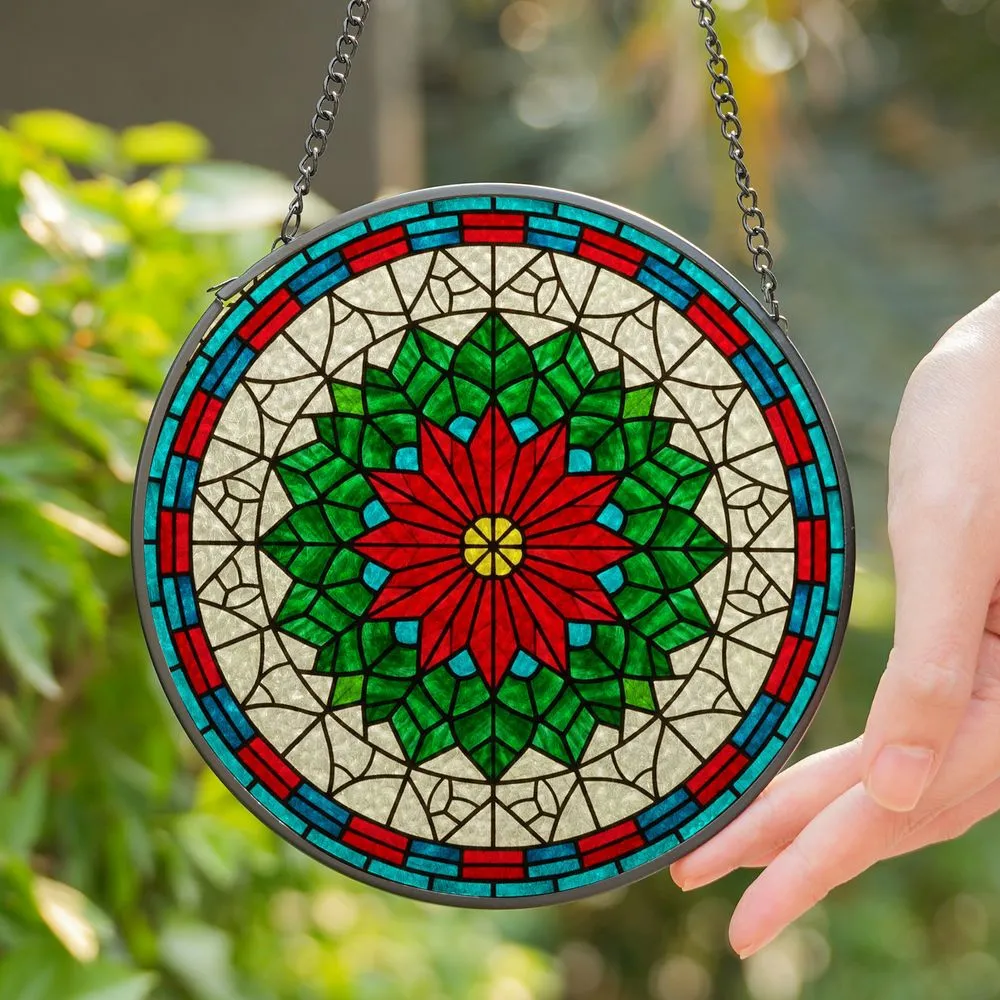 Tiffany Stained Glass Poinsettia Flower with Leaf Mosaic Border - Christmas Holiday Stained Glass Suncatcher - 1