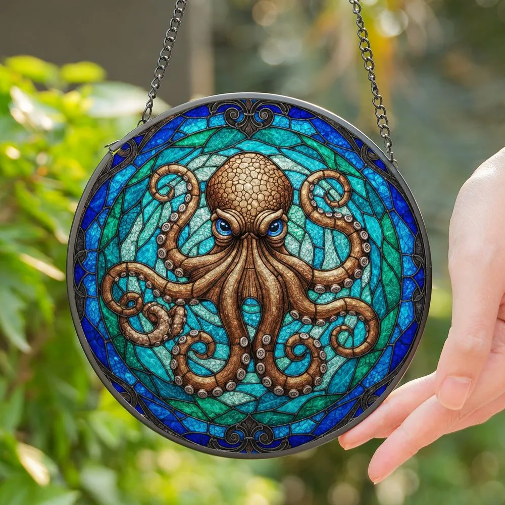 Stained Glass Bronze Octopus Tiffany Style Underwater Seascape Ocean Lover Gift Stained Glass Suncatcher - 1