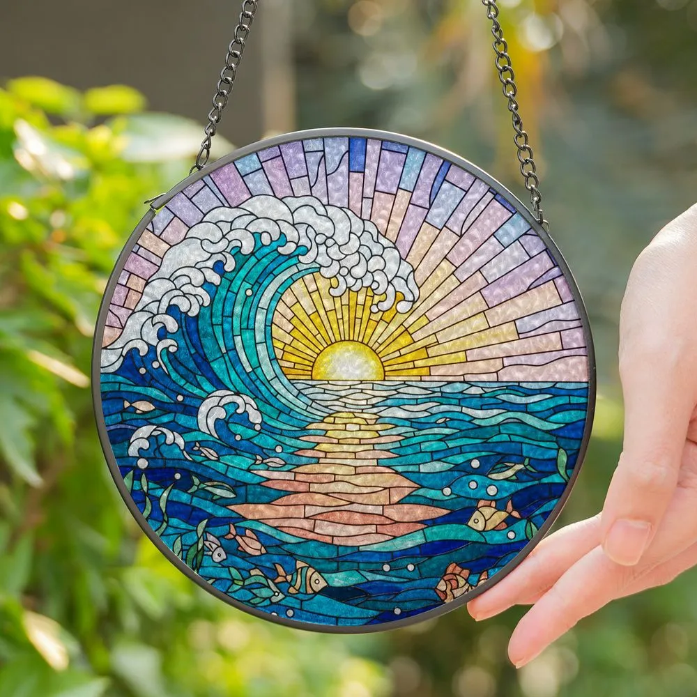 Cresting Ocean Wave Sunset Stained Glass Seascape - Tiffany Jewel Tone Mosaic Art Stained Glass Suncatcher - 1